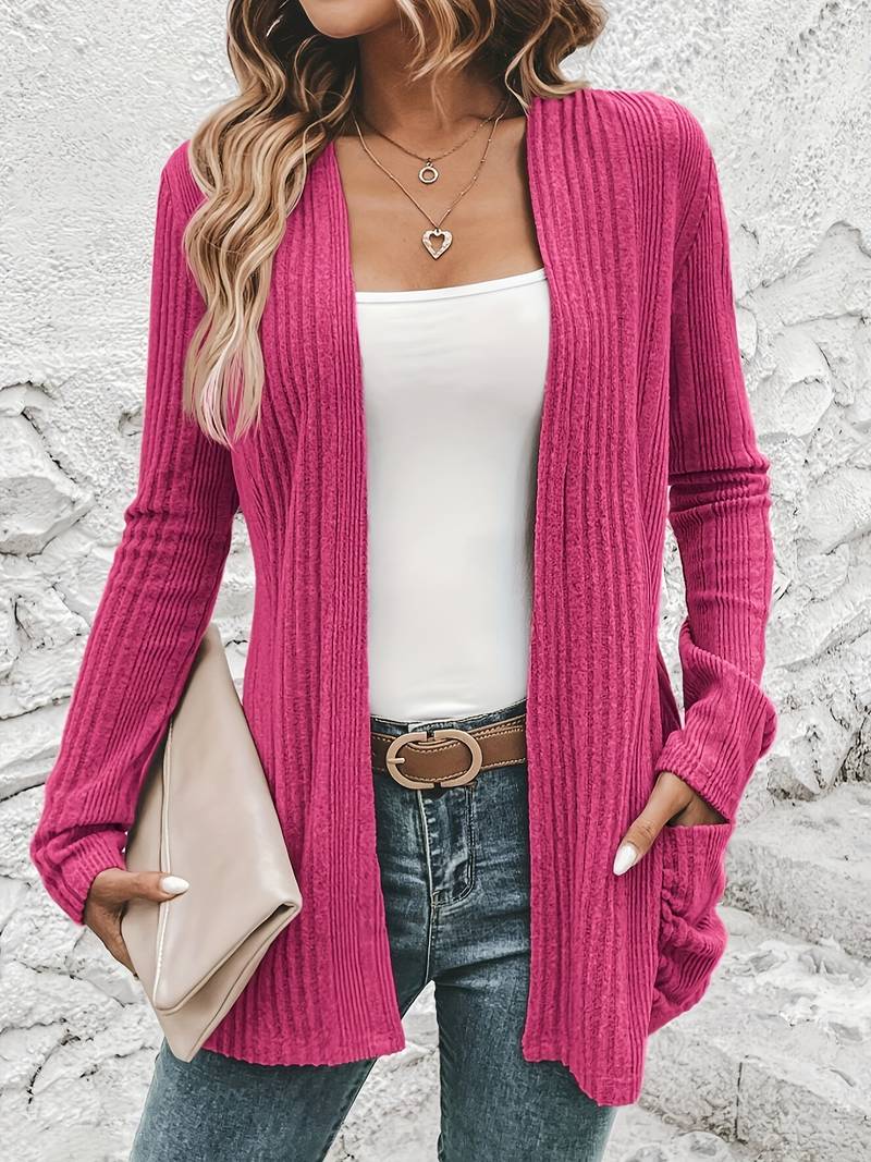 Élégant cardigan long avec ouverture sur le devant et poches pratiques de Gweineth