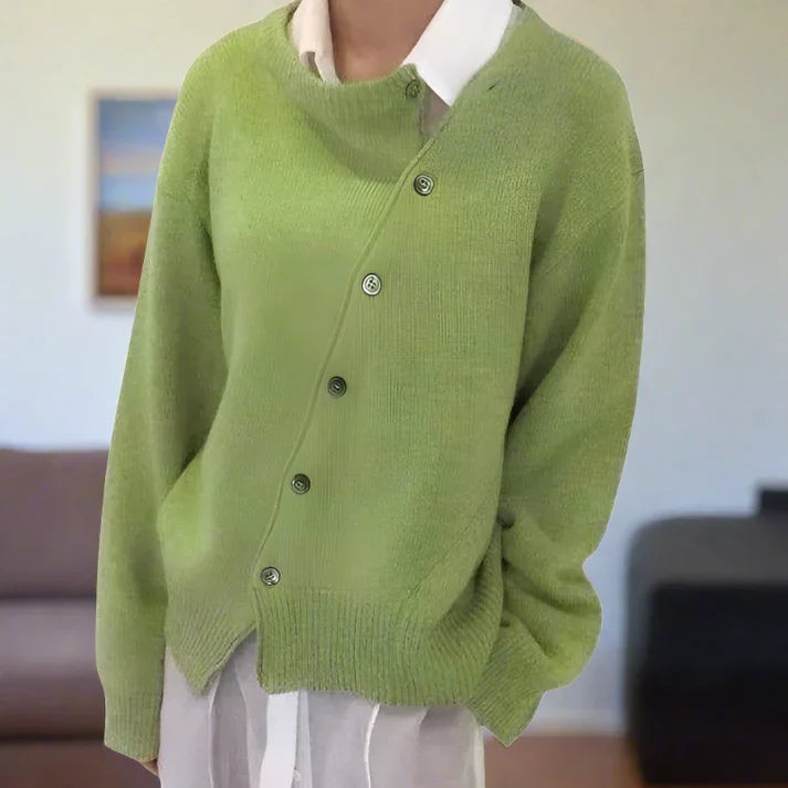 Manuela - Cardigan luxueux en maille douce avec rangée de boutons en biais unique | Le mélange parfait de confort et de style