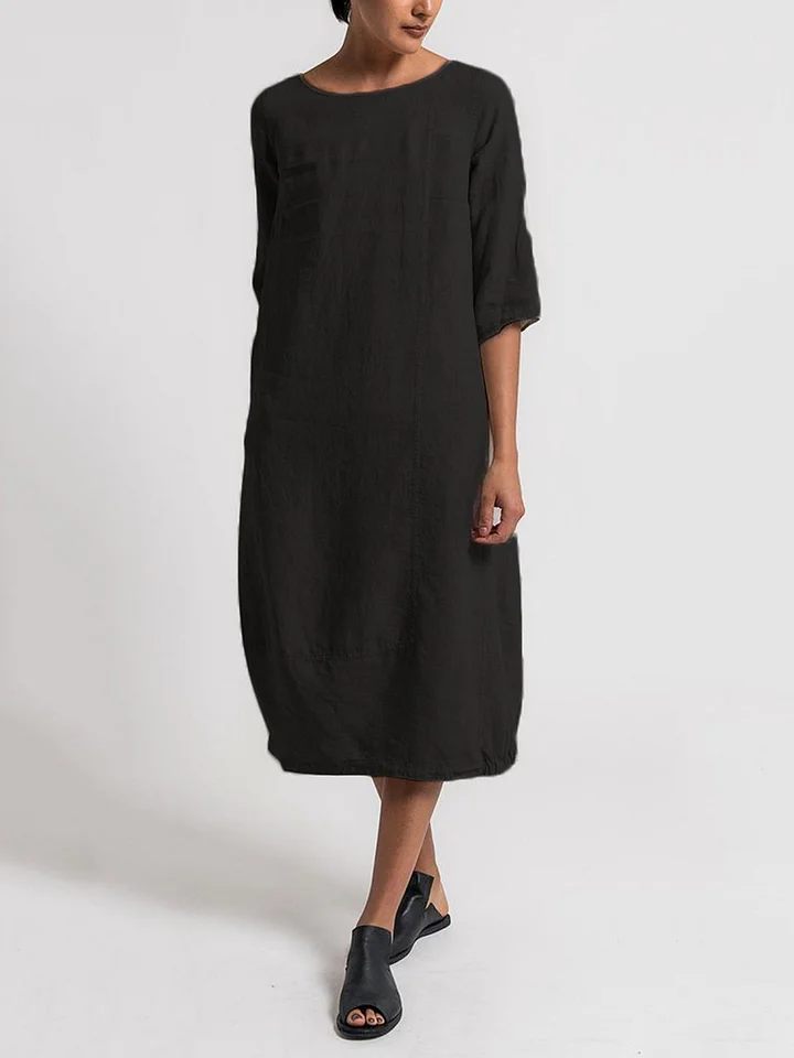 LD | Robe Décontractée Unie à Col Rond et Manches 3/4 – Style Chic