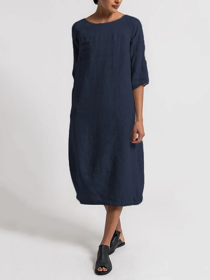 LD | Robe Décontractée Unie à Col Rond et Manches 3/4 – Style Chic