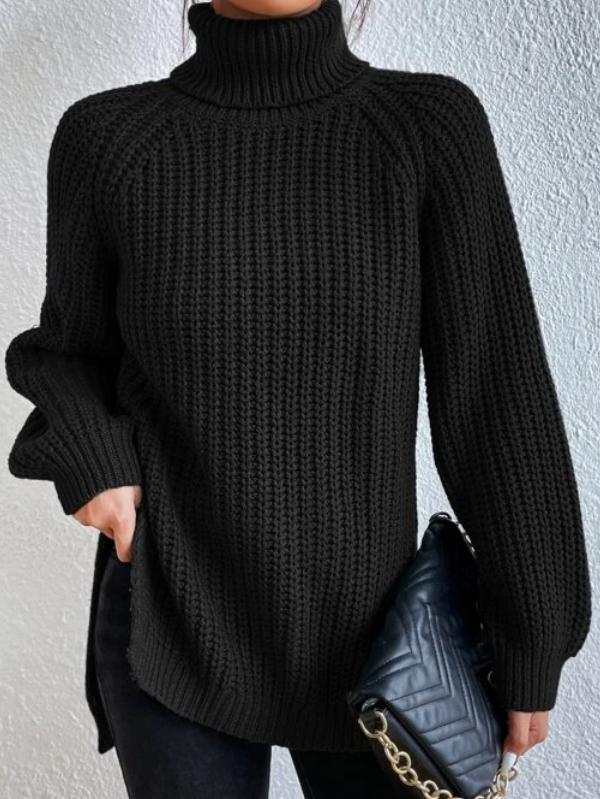 Pull noir chic à col roulé et côtes pour femmes par Carena
