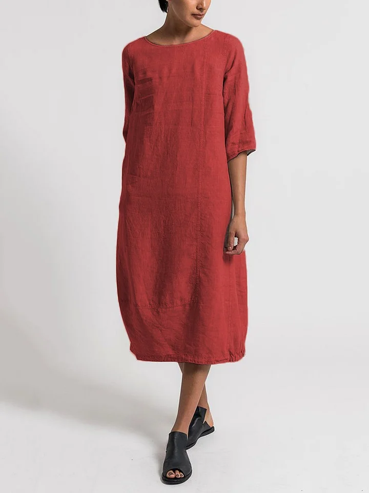 LD | Robe Décontractée Unie à Col Rond et Manches 3/4 – Style Chic