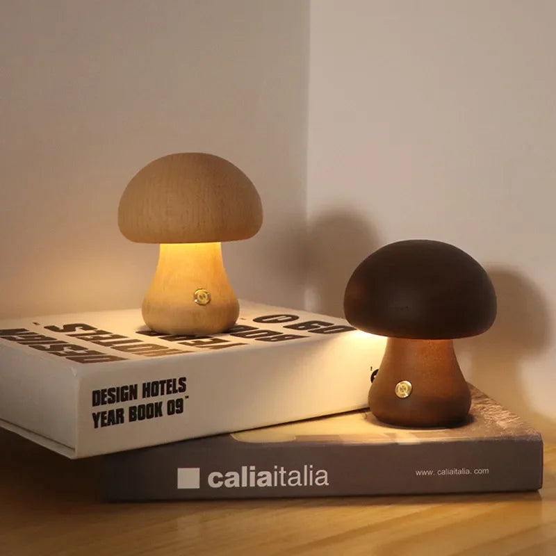 Lampe de table rechargeable en bois avec champignons pour une ambiance chaleureuse