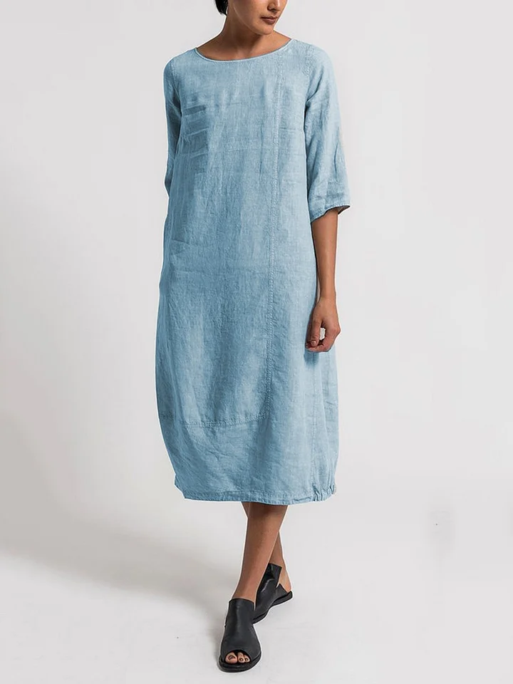 LD | Robe Décontractée Unie à Col Rond et Manches 3/4 – Style Chic