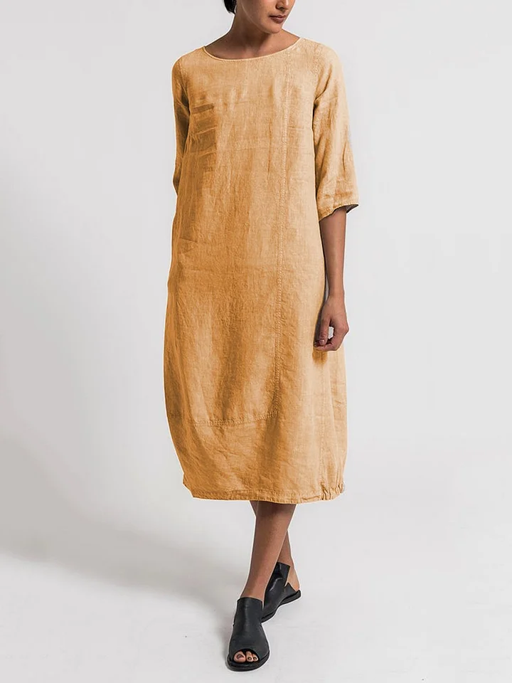 LD | Robe Décontractée Unie à Col Rond et Manches 3/4 – Style Chic
