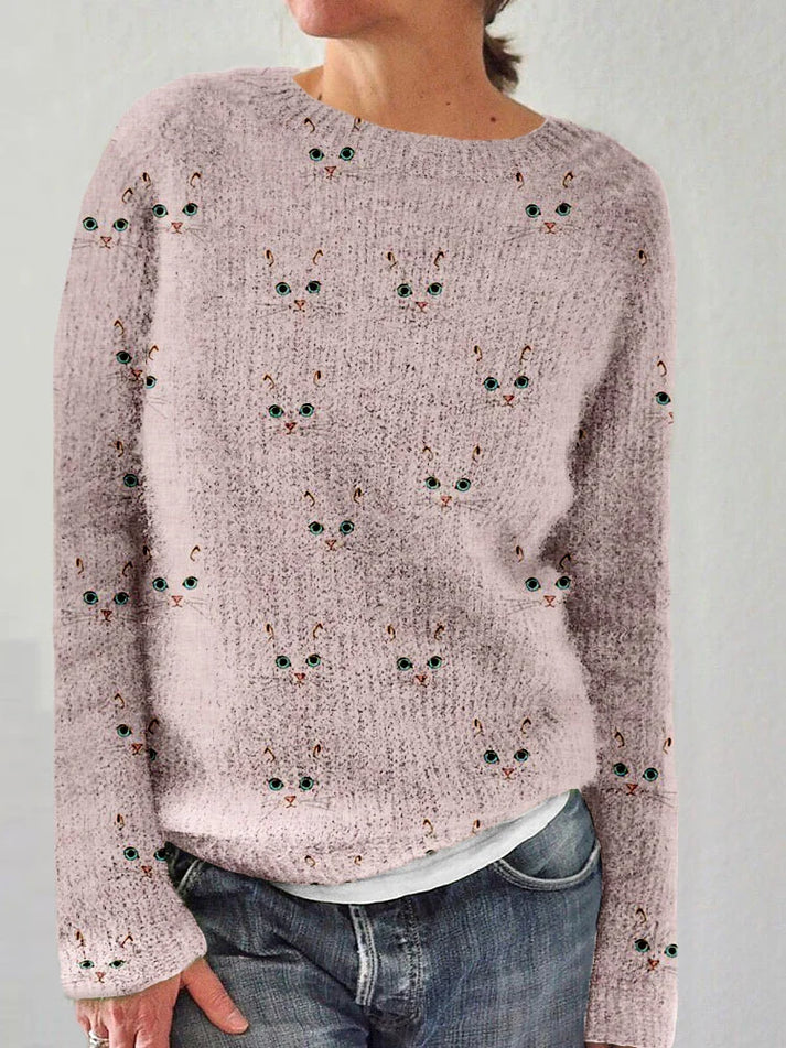 Genoveva - Joli pull à col rond avec un imprimé chat très tendance