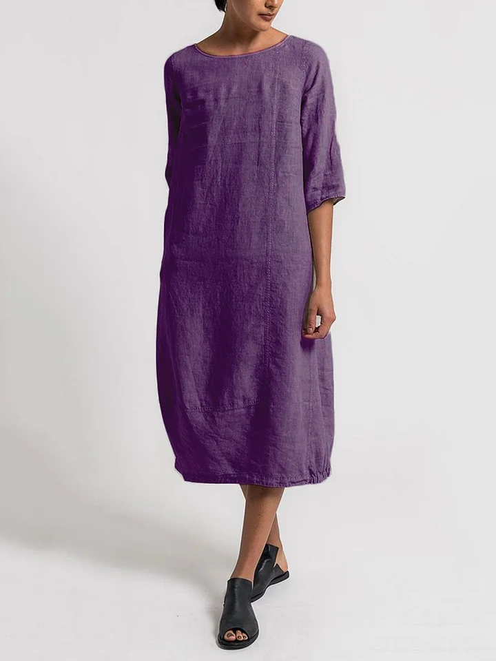 LD | Robe Décontractée Unie à Col Rond et Manches 3/4 – Style Chic