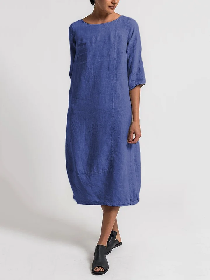 LD | Robe Décontractée Unie à Col Rond et Manches 3/4 – Style Chic
