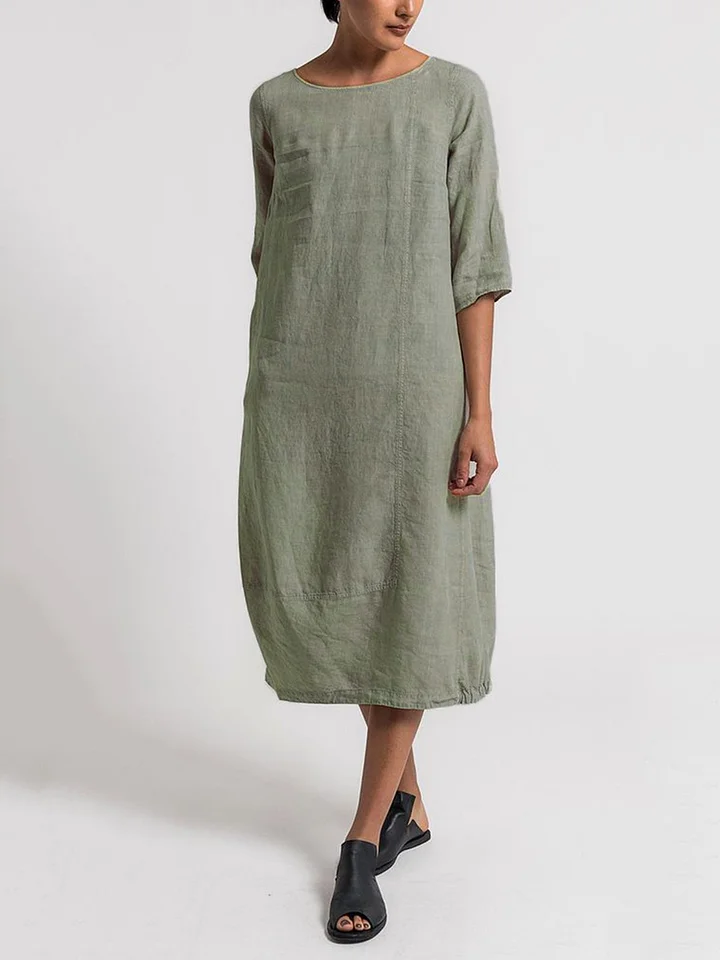 LD | Robe Décontractée Unie à Col Rond et Manches 3/4 – Style Chic