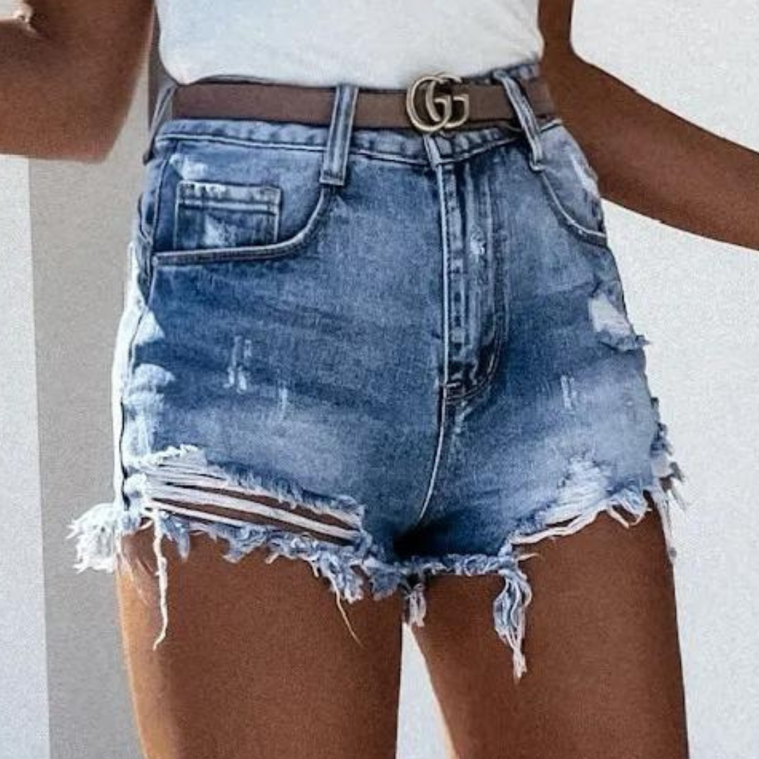 Denis - Short en jean usé taille haute tendance avec franges élégantes