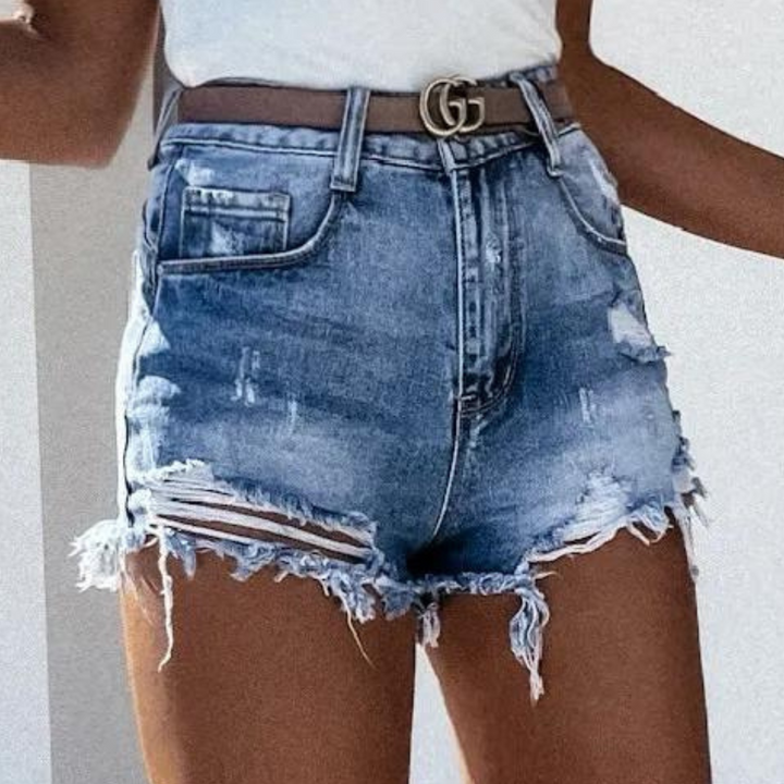 Denis - Short en jean usé taille haute tendance avec franges élégantes