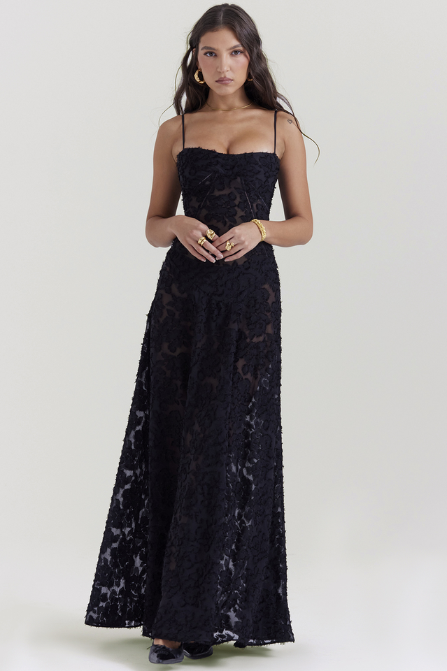 Manon Robe Longue Imprimée Noire – Style Rétro