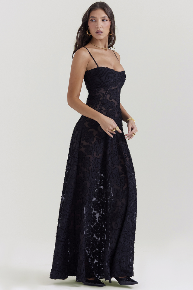 Manon Robe Longue Imprimée Noire – Style Rétro