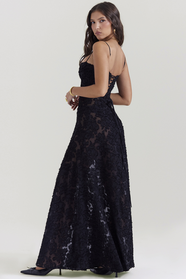 Manon Robe Longue Imprimée Noire – Style Rétro