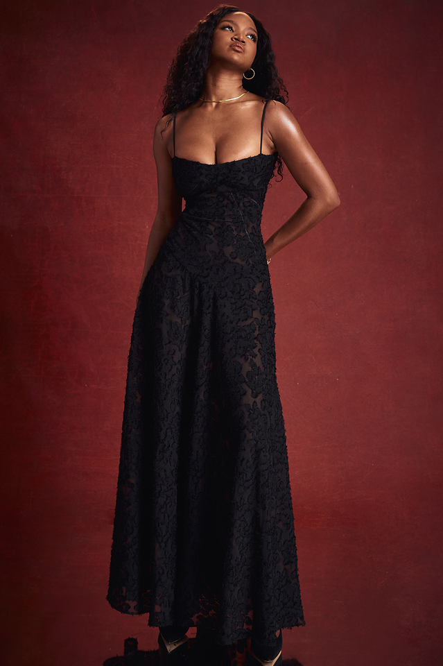 Manon Robe Longue Imprimée Noire – Style Rétro