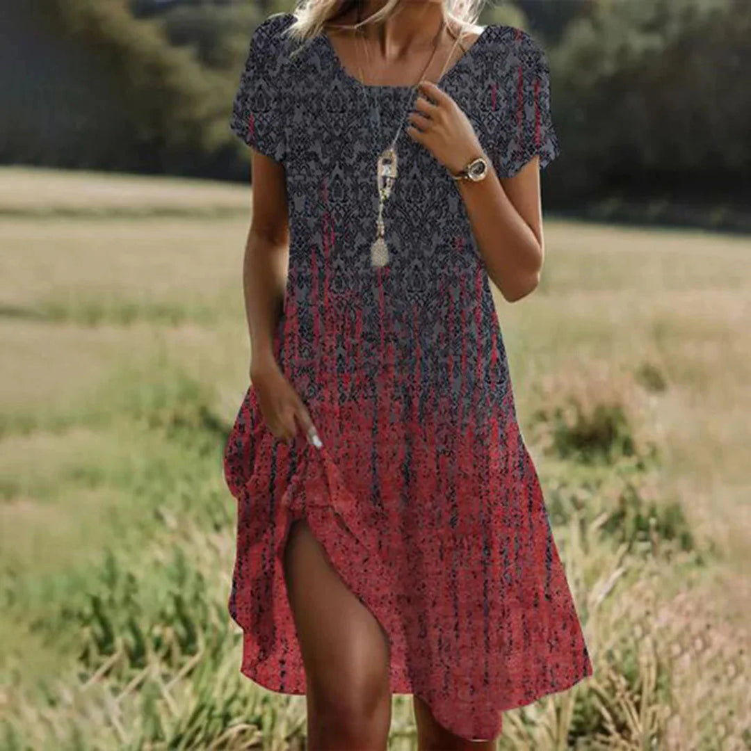 LD | Robe Longue Bohème d’Été à Imprimé Fleuri – Col V et Manches Courtes