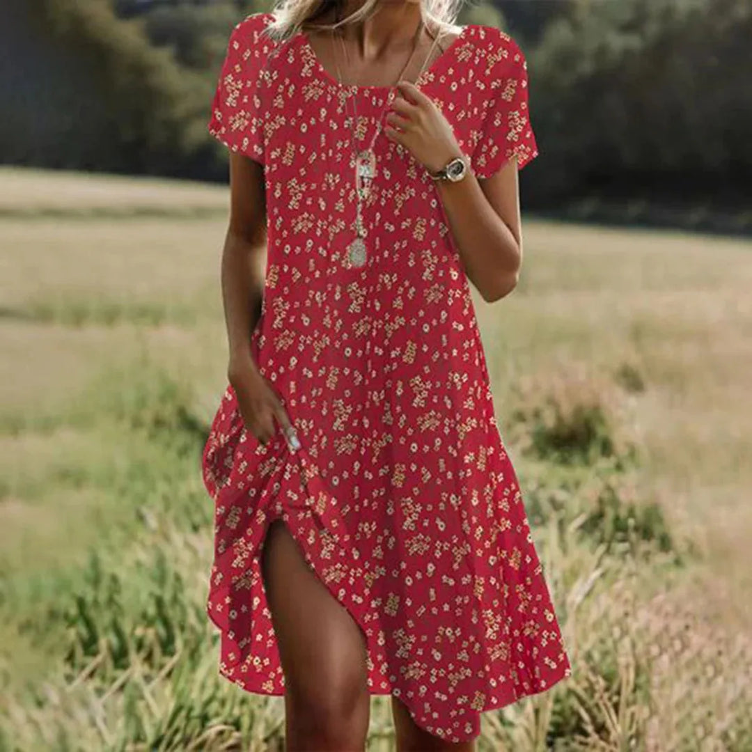 LD | Robe Longue Bohème d’Été à Imprimé Fleuri – Col V et Manches Courtes