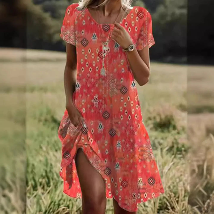 LD | Robe Longue Bohème d’Été à Imprimé Fleuri – Col V et Manches Courtes