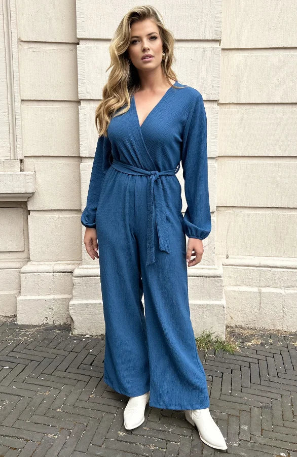 Valentina | Stylish Smocked Jumpsuit with V-neck in Jeans Blue