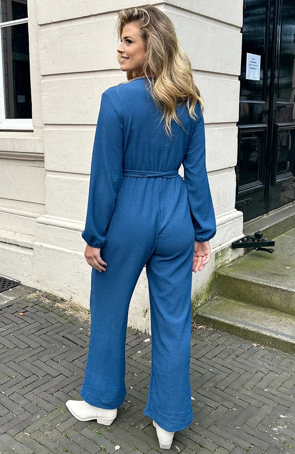 Valentina | Stylish Smocked Jumpsuit with V-neck in Jeans Blue