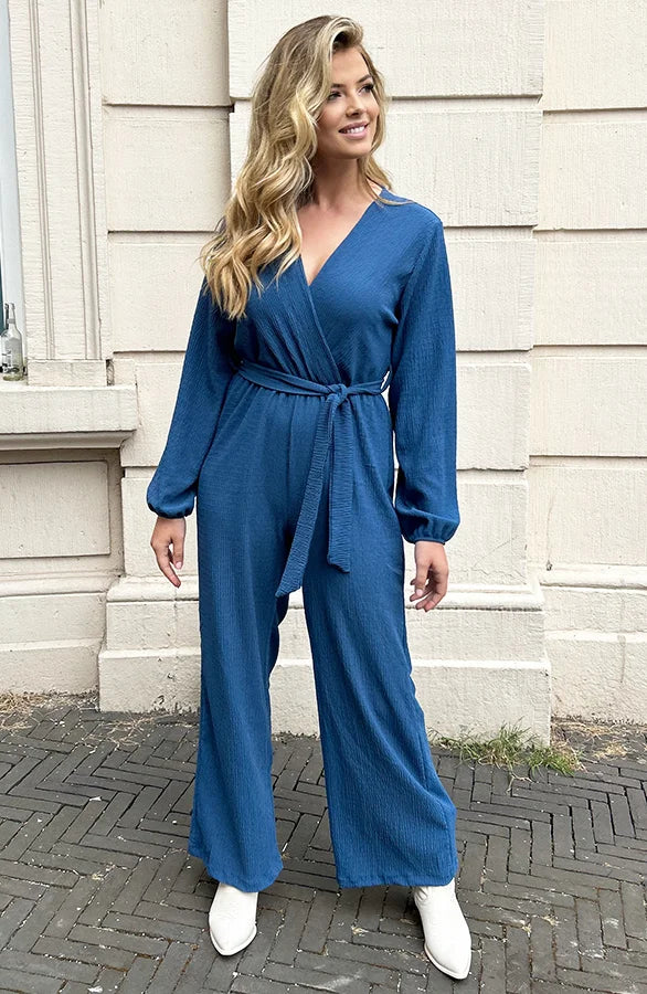 Valentina | Stylish Smocked Jumpsuit with V-neck in Jeans Blue