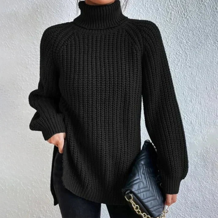 Pull noir chic à col roulé et côtes pour femmes par Carena