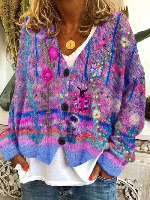 Liva - Élégant cardigan en flanelle de laine pour femme avec un imprimé rétro très tendance