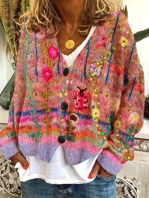 Liva - Élégant cardigan en flanelle de laine pour femme avec un imprimé rétro très tendance