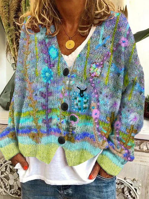 Liva - Élégant cardigan en flanelle de laine pour femme avec un imprimé rétro très tendance