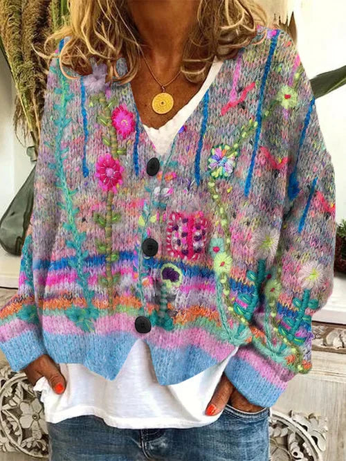 Liva - Élégant cardigan en flanelle de laine pour femme avec un imprimé rétro très tendance