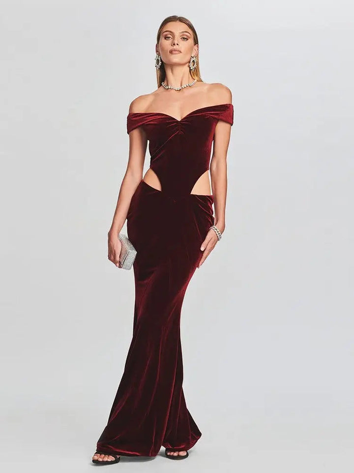 Onni | Elegant Velvet Off-Shoulder Dress with Seductive Cutout for Women (Robe élégante en velours à épaules dénudées et découpes séduisantes pour femmes)