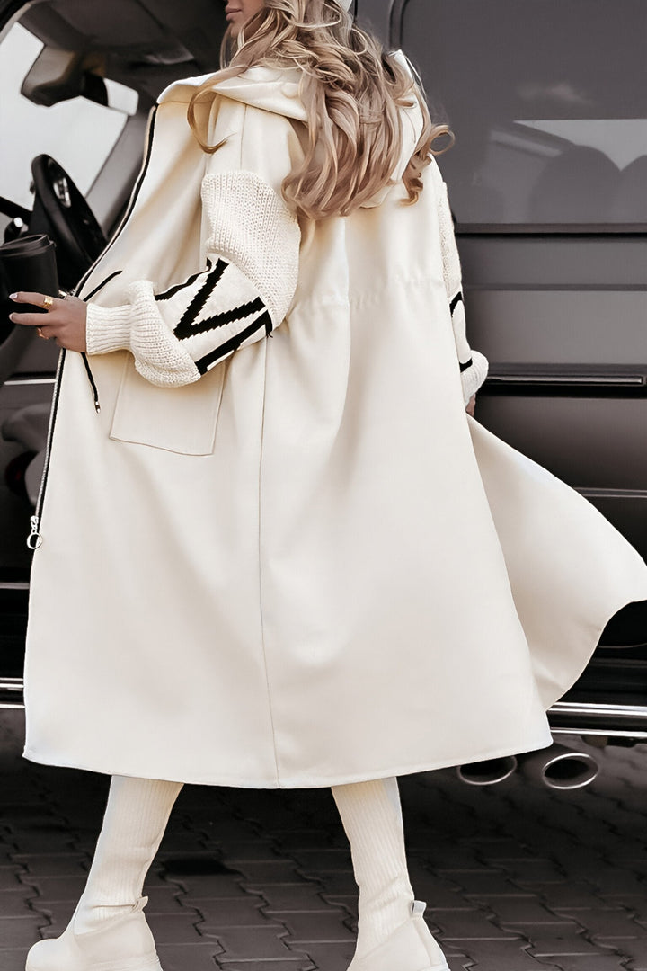 Cécile™ - Veste à capuche longue et décontractée avec manches en patchwork tricoté