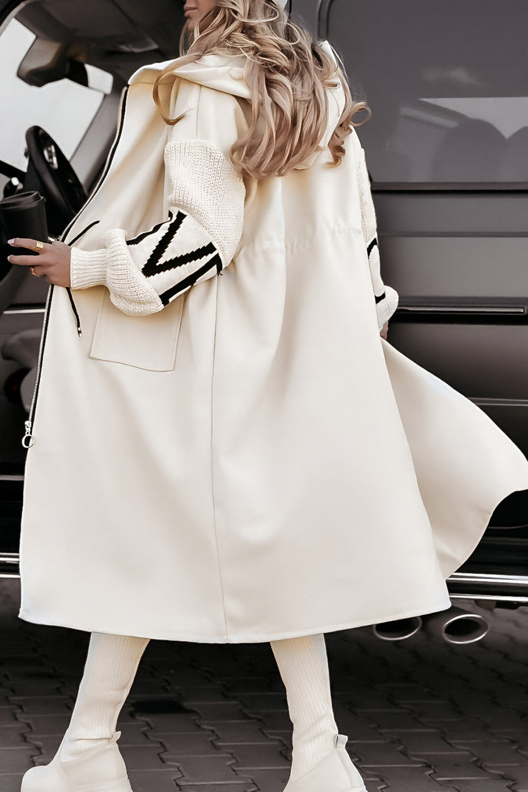 Cécile™ - Veste à capuche longue et décontractée avec manches en patchwork tricoté